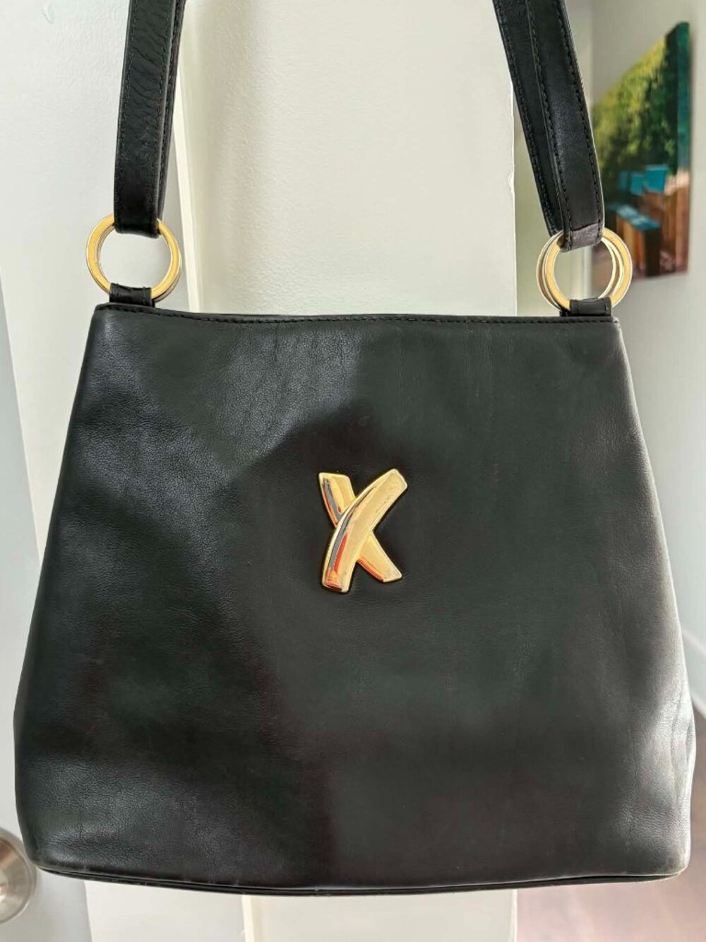 Paloma Picasso Black Leather Shoulder Bag Gold “X” Logo Made in Italy Vintage